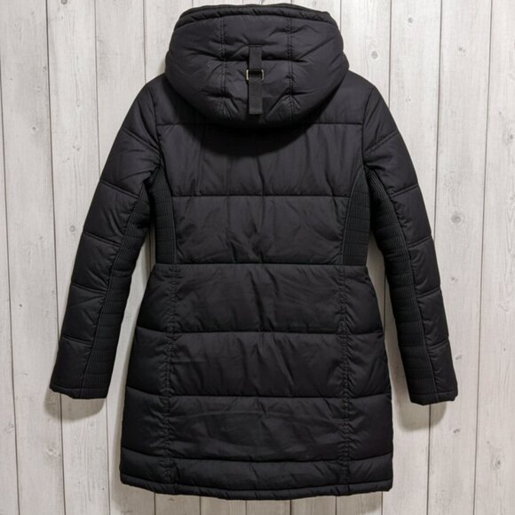 FRENCH CONNECTION Black Hooded Puffer Jacket Parka Women Sz(M) Asym.Quilted Coat - Picture 3 of 8